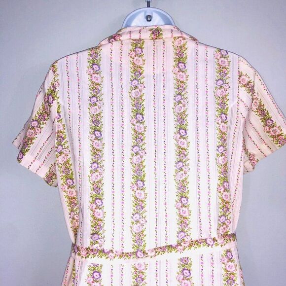 Vintage 60s Cedar Glen Dress House Coat Womens Size M Pink Floral Belted Zip - Picture 6 of 8